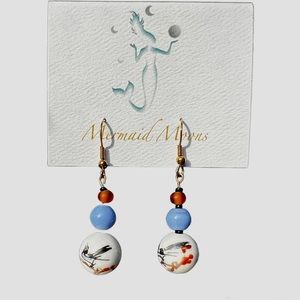 Asian Inspired Drop Earrings. Hand Painted Porcelain Beads. Artisan crafted.